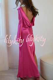 Satin Elegant Long-sleeved Open-back Slim-fit Slit Maxi Dress