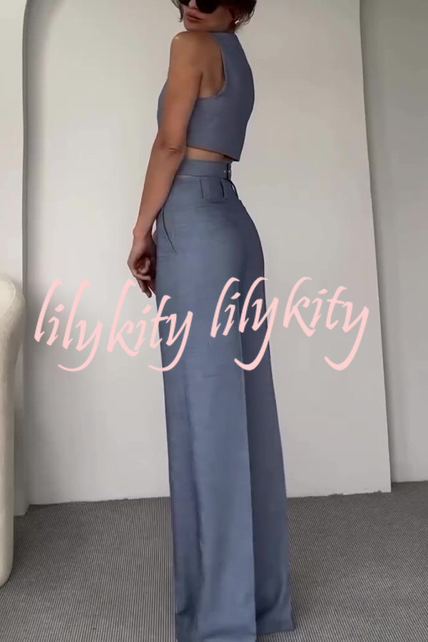 Crossover Slim Fit Sleeveless Vest and High Waisted Wide Leg Pants Set