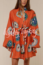 Linen Blend Unique Print Tie Waist Loose Mini Dress