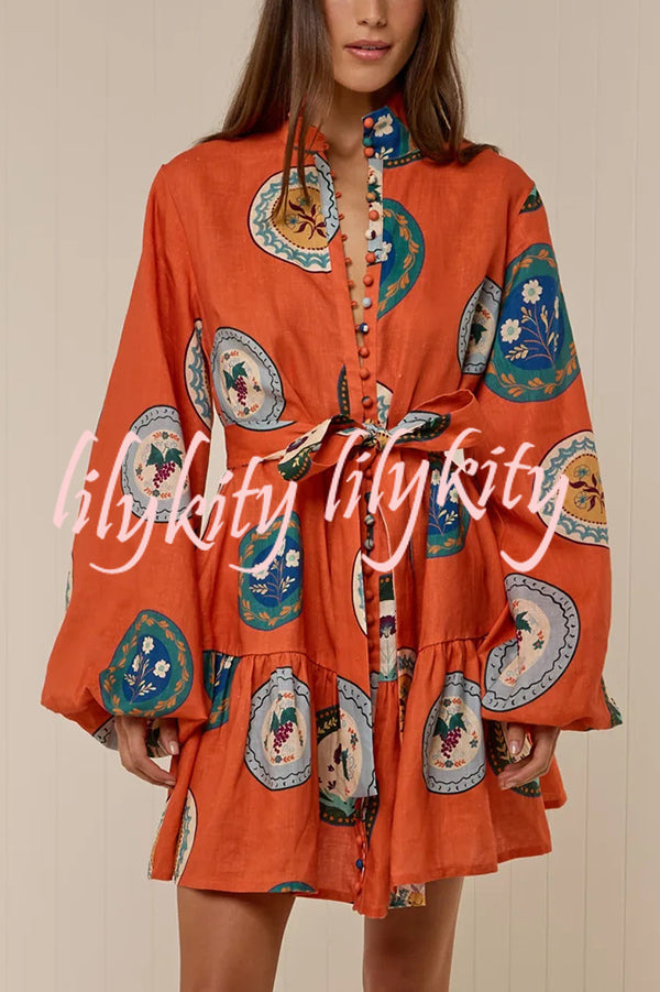 Linen Blend Unique Print Tie Waist Loose Mini Dress