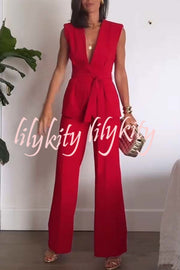 Keep It Classic V-neck Belted Vest and Mid Rise Pocket Wide Leg Pants Set