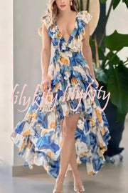 Boho Floral Print Sexy V-neck Backless Resort Maxi Dress