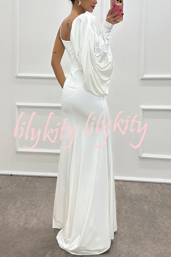 Like Venus One Shoulder Bat Sleeve Ruched Detail Slit Gown Maxi Dress