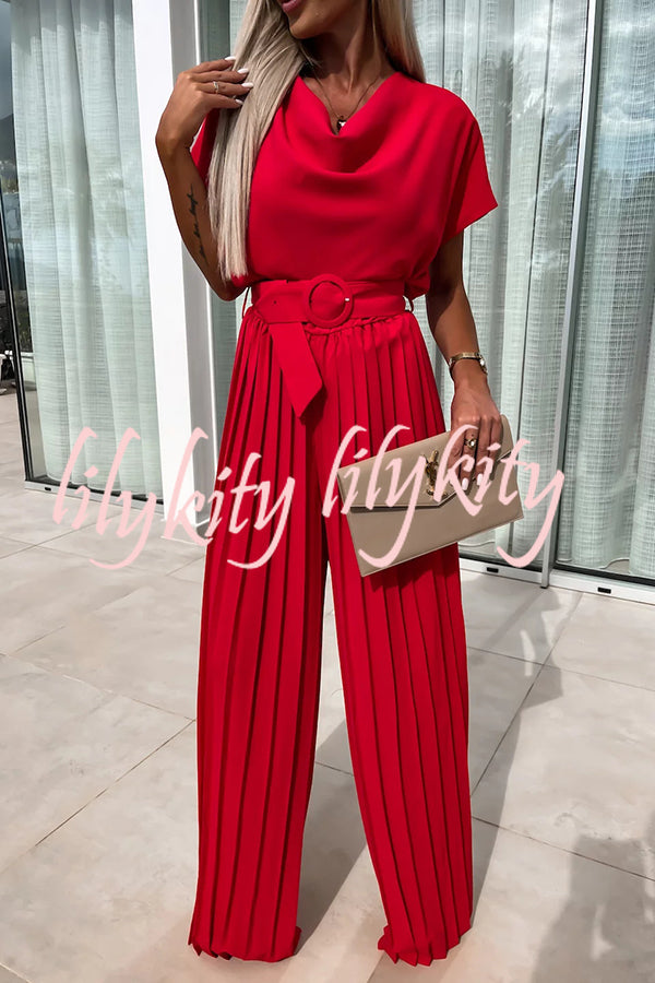 Ivy Cowl Neck Short Sleeve Belt Pleated Loose Wide Leg Jumpsuit