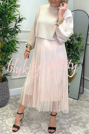 Fenna Ribbed Sequin Trim Batwing Sleeve Sweater and Pleated Tulle Stretch Tank Midi Dress Two-piece Set