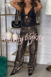 Mona Leopard Metallic Fabric Lapel Boyfriend Blazer and Elastic Waist Pocketed Loose Pants Set