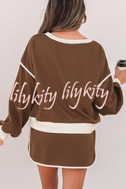 Fashion Round Neck Long Sleeve Spliced Casual Top and Elastic Waist Loose Shorts Set