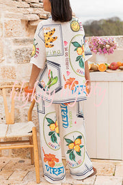 Summer Plant Fruit Print Casual Short Sleeve Shirt and Elastic Waist Loose Wide Leg Pants Set