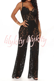 Sexy Moment Floral Lace Lined Suspender Wide Leg Stretch Jumpsuit