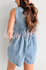 Downtown Daze Denim Pleated Tie-up Pocketed Loose Romper