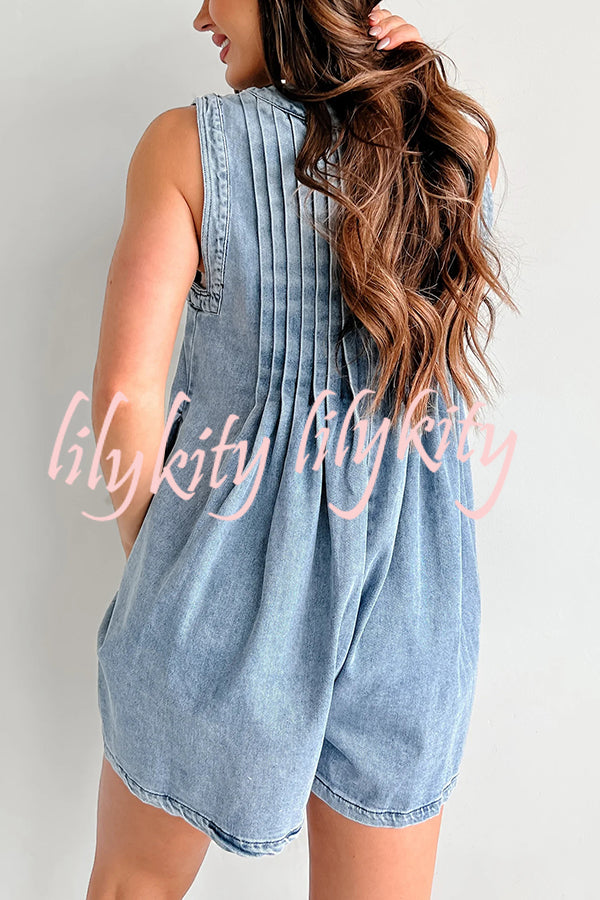 Downtown Daze Denim Pleated Tie-up Pocketed Loose Romper