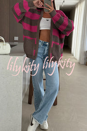 Fashionable Patchwork Striped Casual Pocket Knitted Sweater