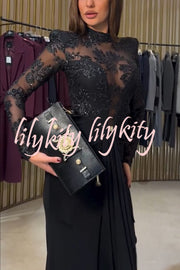 Fenna Sheer Floral Sequin Shoulder Pads Long Sleeve Drape Slit Maxi Dress