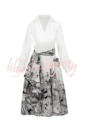 Jiles Linen Blend Unique Contrast Print Long Sleeve Tie-up Pocket Shirt Midi Dress