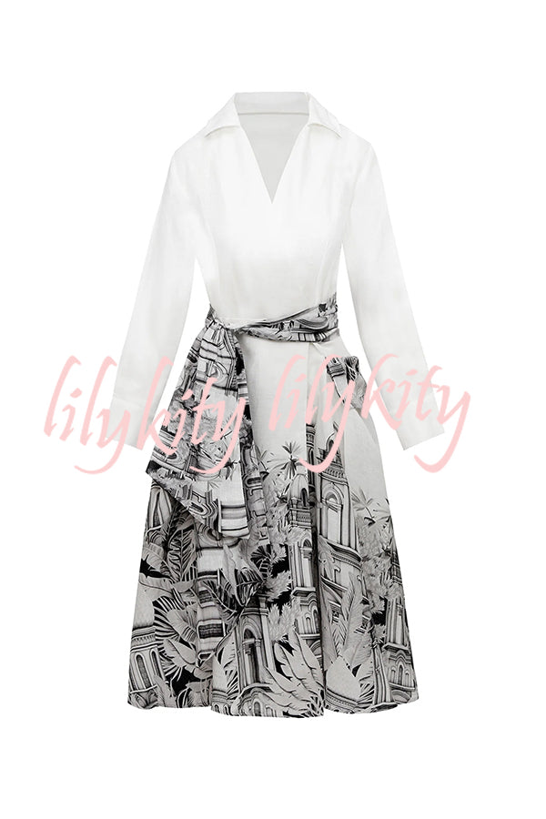 Jiles Linen Blend Unique Contrast Print Long Sleeve Tie-up Pocket Shirt Midi Dress