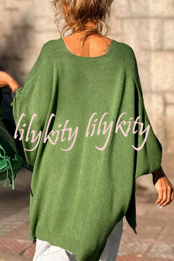 Fashion V-neck Loose Pocket Mid-length Knitted Sweater