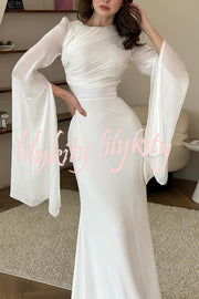 Liora Ruched Organza and Satin Patchwork Design Long Bell Slit Sleeve Maxi Dress