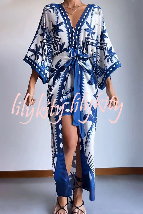 Chic Palm Tree Ethnic Print Fake Two Piece Lace Up Maxi Dress