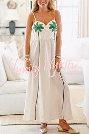 Coconut Tree Print Suspender Backless Large Hem Maxi Dress