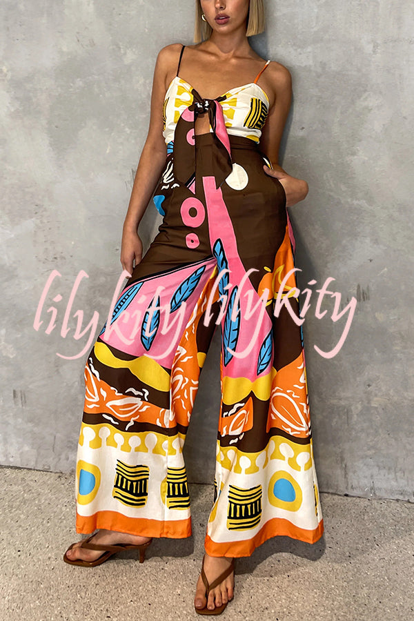 Unique Printed Suspenders Hollow Waist Wide-leg Jumpsuit