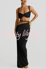 Sexy Halter Back Braided Suspender Top and Beach Holiday Style Hip-wrapped Maxi Skirt Set
