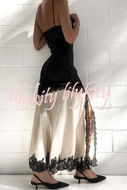 Soft and Romantic Satin Lace Trim Colorblock V-neck Side Slit Maxi Dress