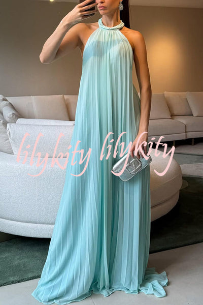 Gabie Chiffon Pleated Braided Halter Neck Backless A-line Maxi Dress