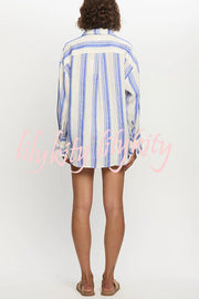 Stripe Print Lapel Long-sleeved Casual Shirt and Elastic Waist Loose Shorts Set