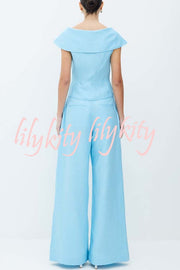 Velena Linen Blend Button Up Lapel Top and High Rise Pocket Wide Leg Pants Set