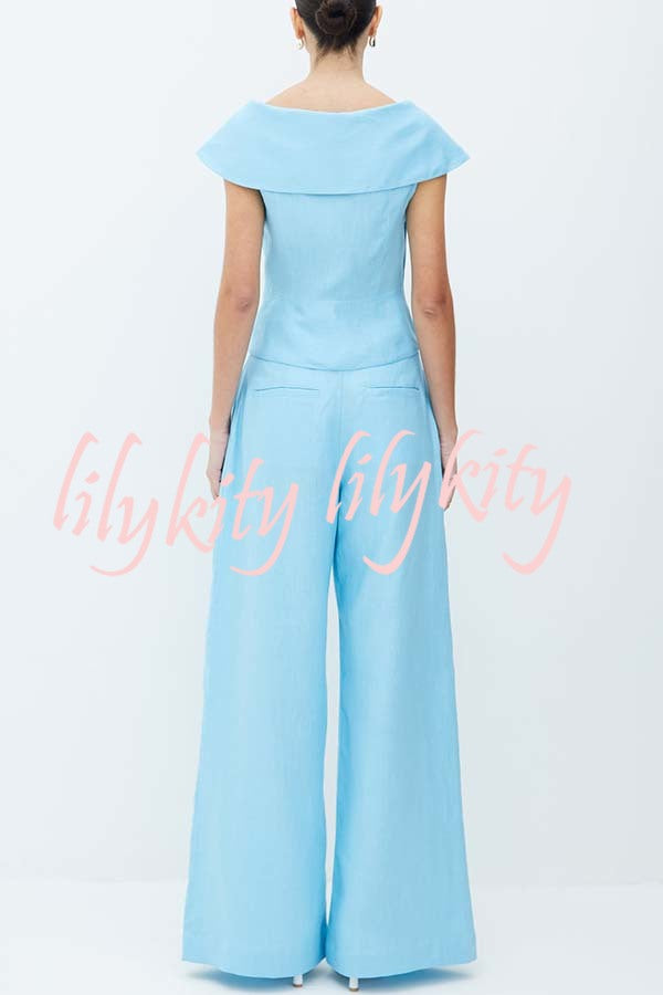 Velena Linen Blend Button Up Lapel Top and High Rise Pocket Wide Leg Pants Set