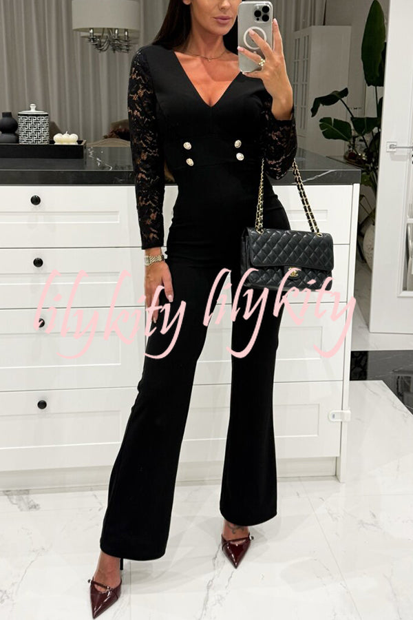 Call It Chic Lace Patchwork Metal Buckle Stretch Flare Jumpsuit