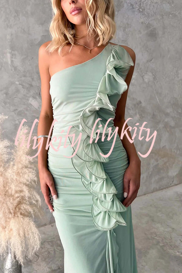 Fashion One-shoulder Pleated Sexy High Slit Slim Dress