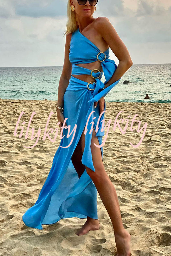 As Beautiful As The Sky Side Waist Ring Hollow Design Slit Vacation Maxi Dress