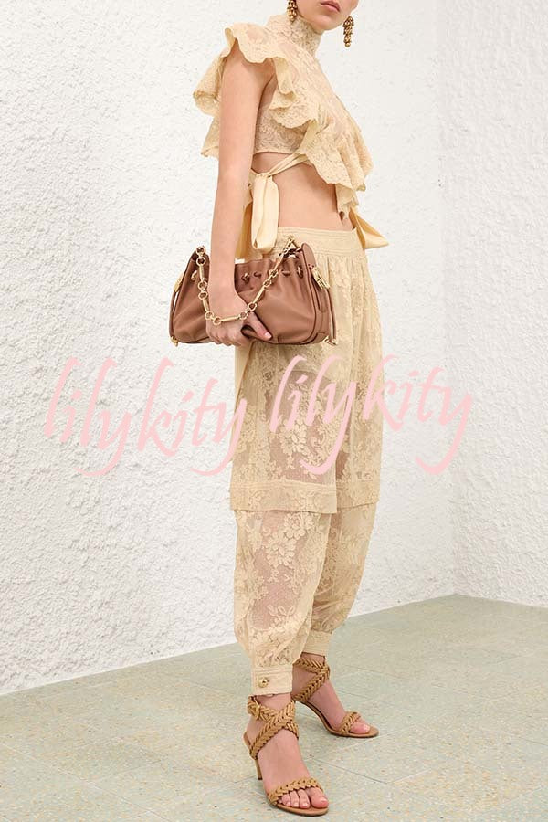 Ellie Lace Gathered Waist Pocket Button Ankle Cuffs Harem Pant