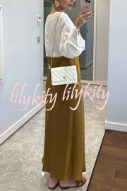 Lainei Contrast Color Satin Lace Trim V-neck Long Sleeve Maxi Dress