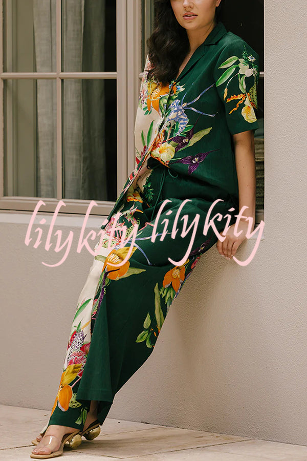 Island Linen Blend Unique Print Short Sleeve Loose Shirt and Elastic Waist Pocket Pants Set