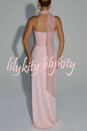 Carina Sequined and Satin Jersey Off Shoulder Ruched Knot Drape Maxi Dress