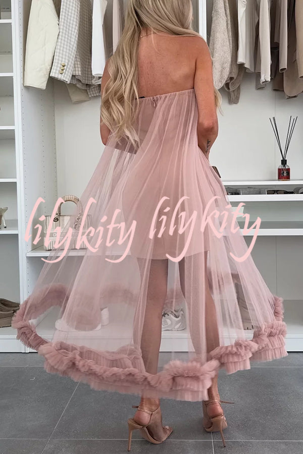 Fairytale Charm Tulle Off Shoulder Ruffles Trim A-line Midi Dress