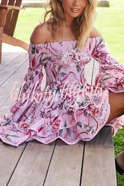 Floral Print Off The Shoulder Pleated Bell Sleeve Fitted Mini Dress