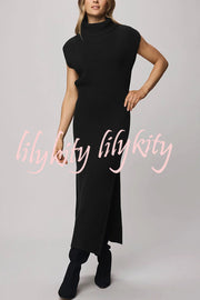 Solid Color Sleeveless Knitted Elegant Waist Midi Dress