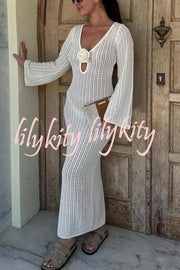 Bahamas Knit Long Bell Sleeve Sexy Backless Holiday Cover-up Maxi Dress