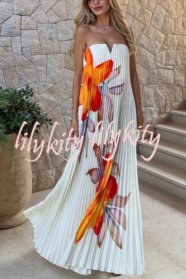 For Every Occasion Satin Pleated Floral Print V-wire Bandeau Neck Maxi Dress