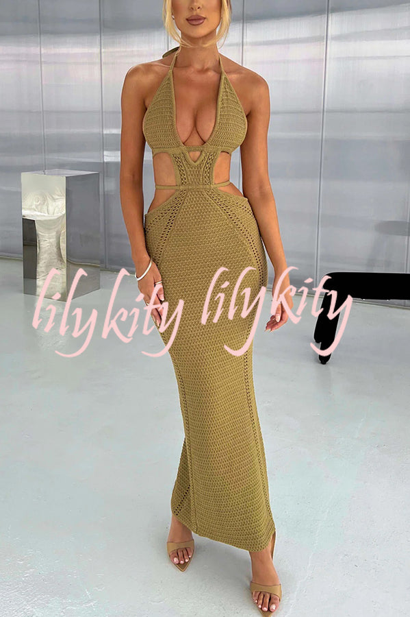 Effortlessly Cool and Sexy Knit Crochet Cutout Halter Tie-up Stretch Maxi Dress