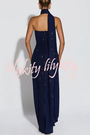 Pandra Glittery Crepe Fabric Off Shoulder Ruched Slit Cape Maxi Dress