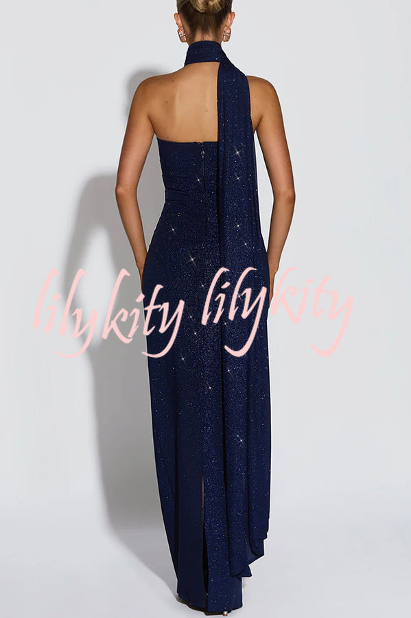 Pandra Glittery Crepe Fabric Off Shoulder Ruched Slit Cape Maxi Dress