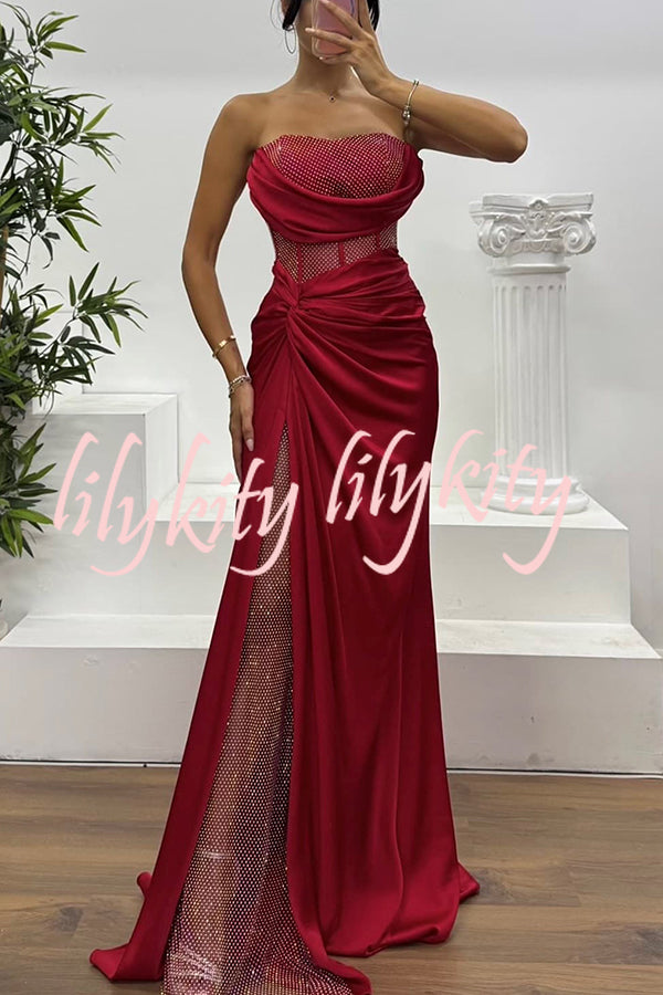 Essie Satin Rhinestone Patchwork Twist Waist Strapless Slit Maxi Dress