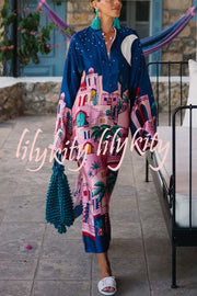 Seaside Stroll Satin Unique Print Button Up Long Sleeve Slit Kaftan Midi Dress