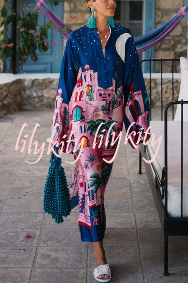 Seaside Stroll Satin Unique Print Button Up Long Sleeve Slit Kaftan Midi Dress