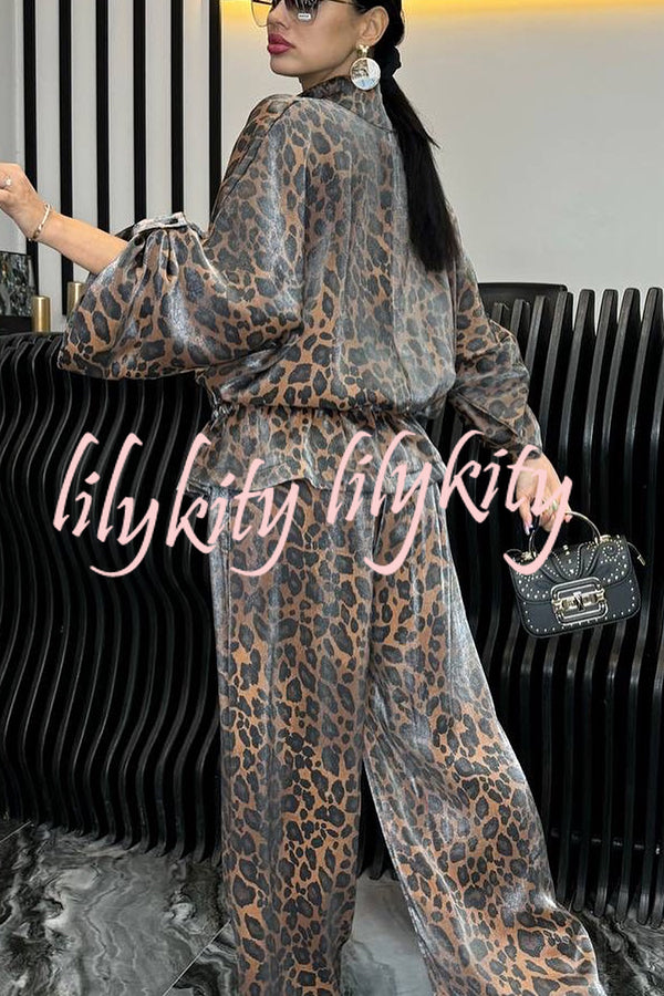 Leopard Print Drawstring Waist Zipper Jacket and Elastic Waist Pocket Loose Pants Set