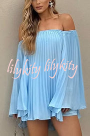 Solid Off-the-shoulder Pleated Loose Top and Elastic Waist Shorts Set